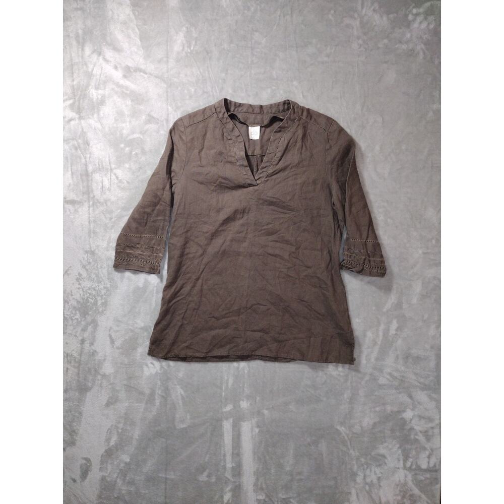 DB LIFE Blouse Womens L 100% Linen Tunic 3/4 Sleeve Brown Hippie Boho Beach